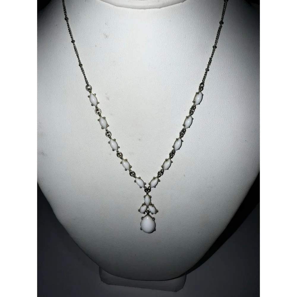 Silver Tone & White Milk Glass‎ Navettes  Y Drop Necklace NR Signed Vintage Avon